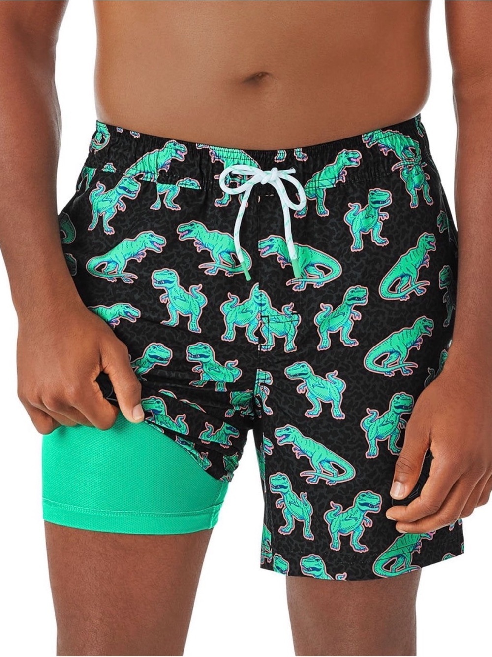 Men's Black Cheetah with Dinosaur Swim Trunks with built in liner